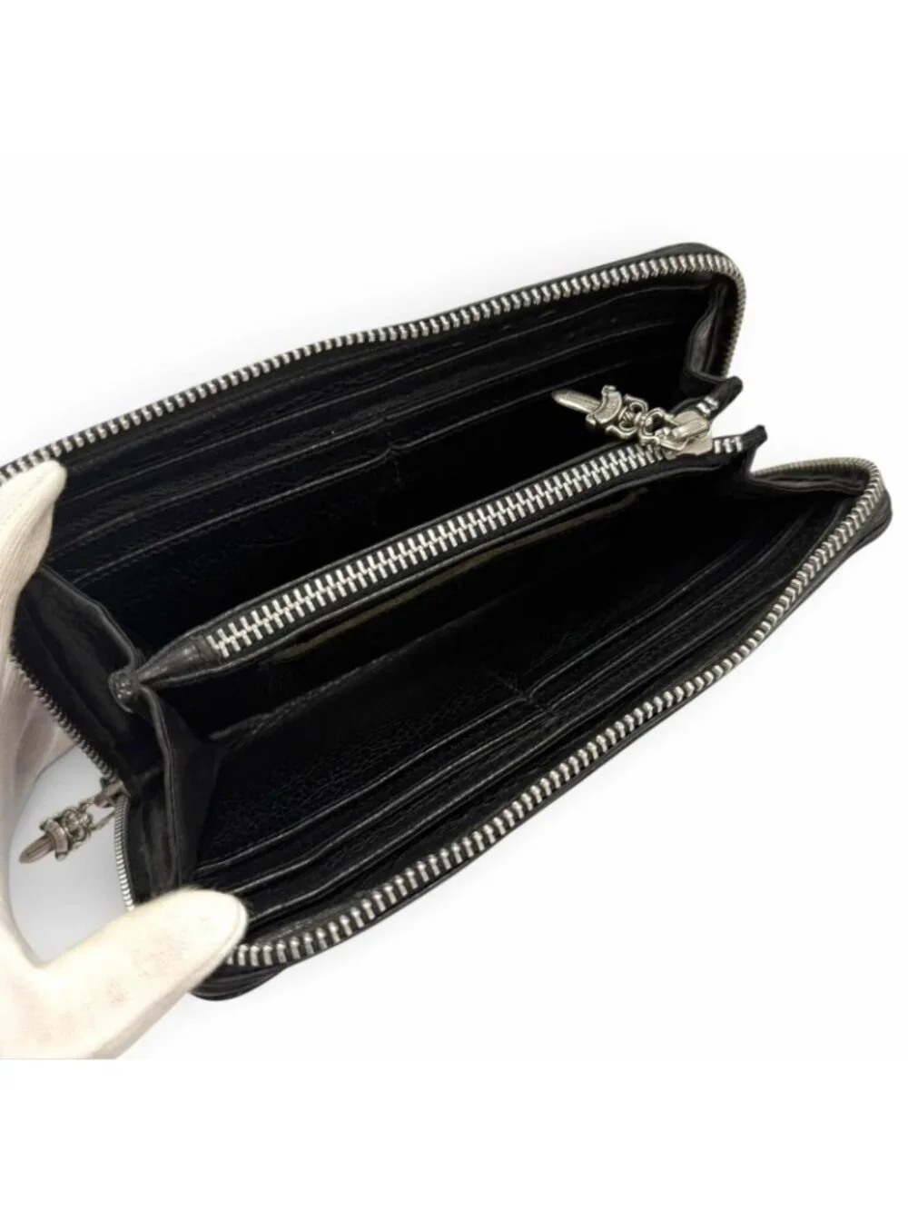 Chrome Hearts Rec Zip Plane Leather 925 Round Zip Wallet Black Silver
